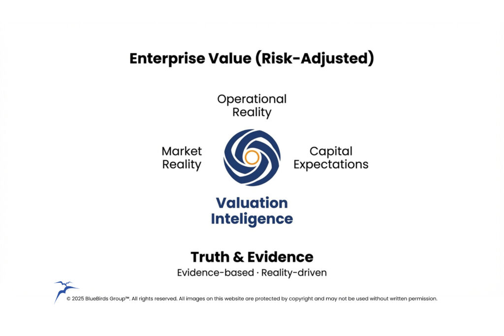 Business Value Ecosystem Architecture (BVEA™) framework illustrating valuation intelligence connecting operational reality, market reality, and capital expectations to risk-adjusted enterprise value