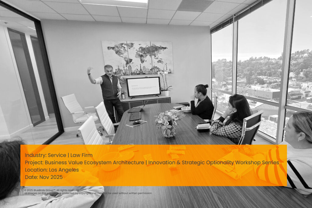 Business Value Ecosystem Architecture (BVEA™) workshop on innovation and strategic optionality for a law firm, led by Aaron Sed of BlueBirds Group™ in Los Angeles