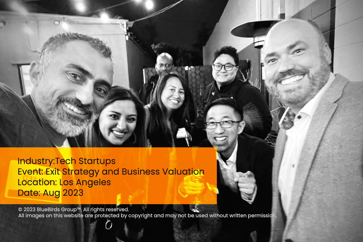 Tech startup founders and advisors at an exit strategy and business valuation event led by BlueBirds Group™ in Los Angeles