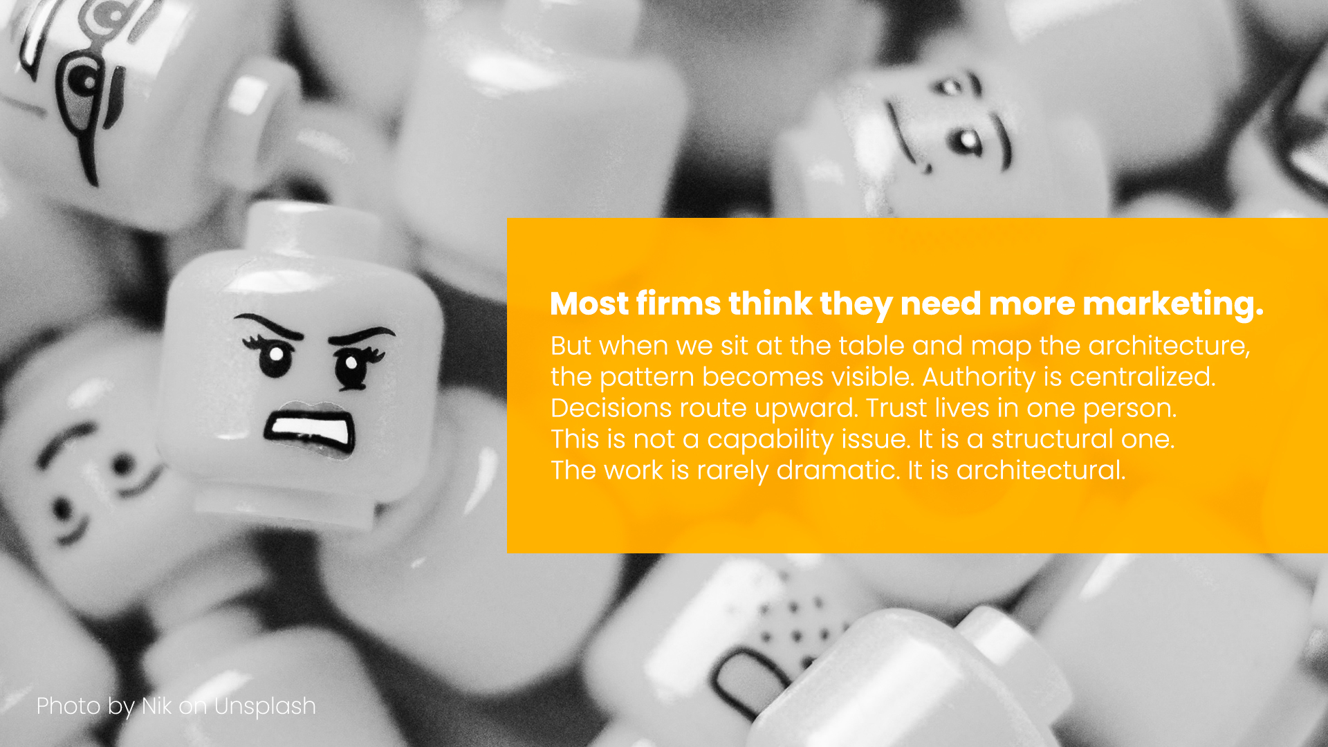 Close-up of expressive figures symbolizing authority concentration and operational friction in founder-led professional services firms