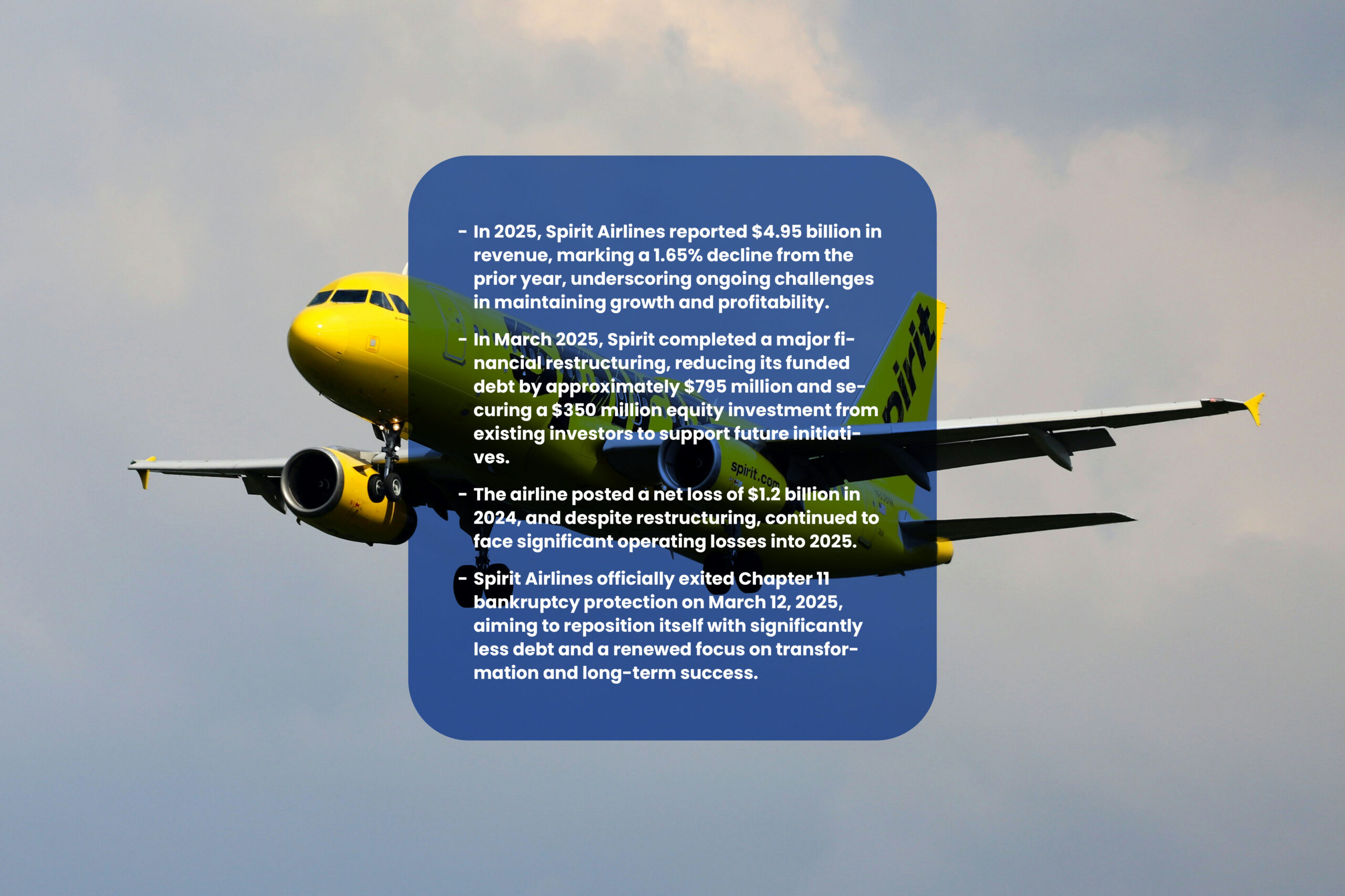 Spirit Airlines jet at an airport gate in 2025, symbolizing the company’s emergence from bankruptcy and efforts to restructure its finances and brand amid ongoing industry challenges, an example of the importance of strategic brand and value management, as emphasized by BlueBirds Group.