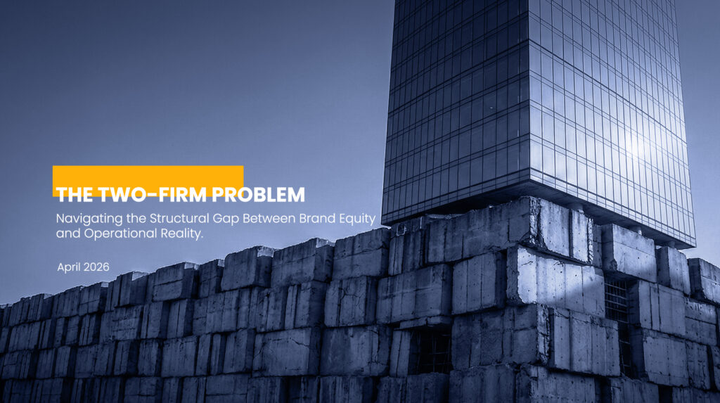A modern glass skyscraper resting on rough unfinished concrete blocks, illustrating the structural gap between a law firm's brand equity and its operational foundation.