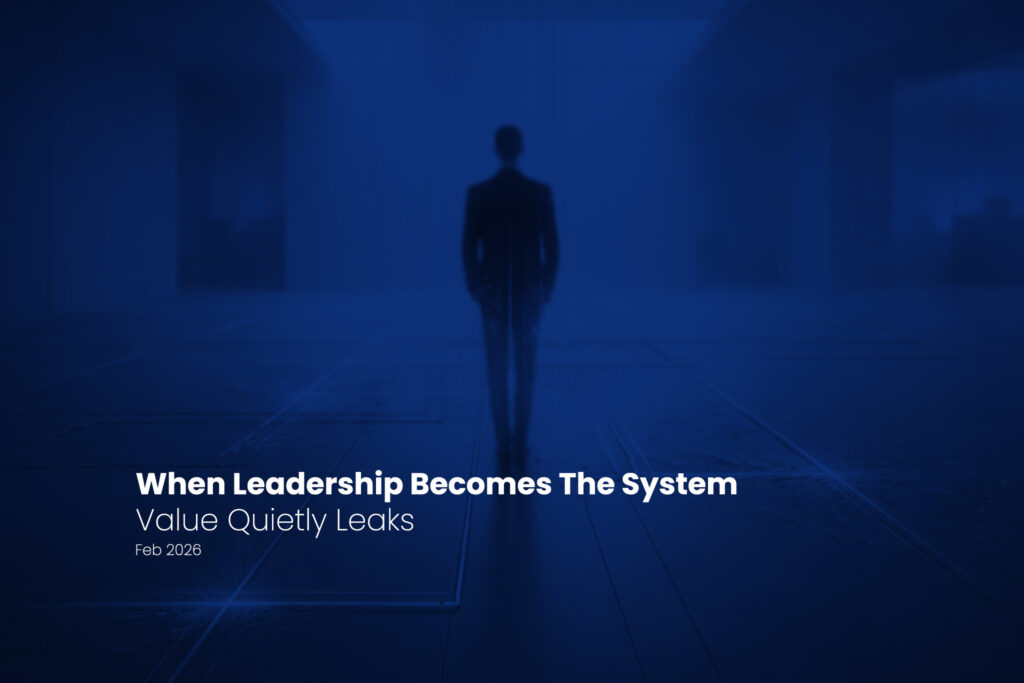 When Leadership Becomes the Operating System, Value Quietly Leaks 2 A blurred executive figure embedded within a minimalist operational system, representing how leadership quietly replaces structure as misalignment grows.