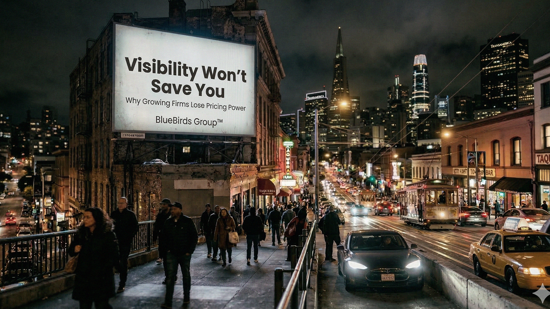 Urban billboard stating visibility will not save your business, illustrating how increased visibility can weaken pricing power in growing firms