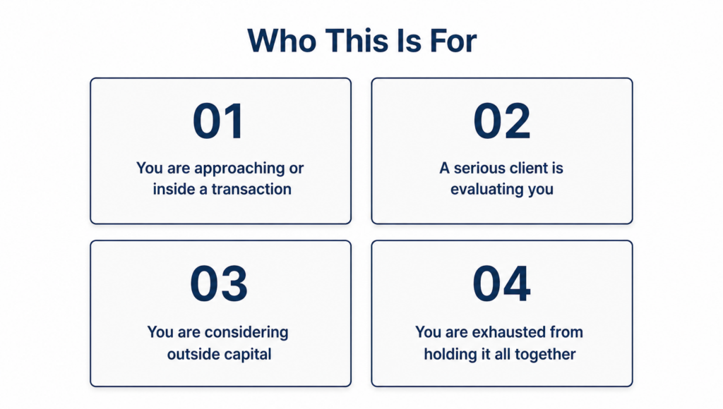 Who This Is For: A 2x2 grid of four numbered self-qualification cards. Card 01 (top left): You are approaching or inside a transaction. Card 02 (top right): A serious client is evaluating you. Card 03 (bottom left): You are considering outside capital. Card 04 (bottom right): You are exhausted from holding it all together. Below the grid is a dark blue button labeled 'Start a Conversation.' Each card has a dark blue border and light background.