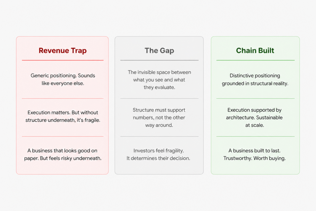 Three-column comparison table showing the difference between Revenue Trap, The Gap, and Chain Built. Left column (light red) - Revenue Trap: Generic positioning, fragile execution, risky appearance. Center column (neutral gray) - The Gap: The invisible space between founder perception and investor evaluation, structural misalignment, investor skepticism. Right column (light green) - Chain Built: Distinctive positioning, sustainable execution, trustworthy business. Each column contains three comparison rows showing the progression from fragile to durable business structure.
