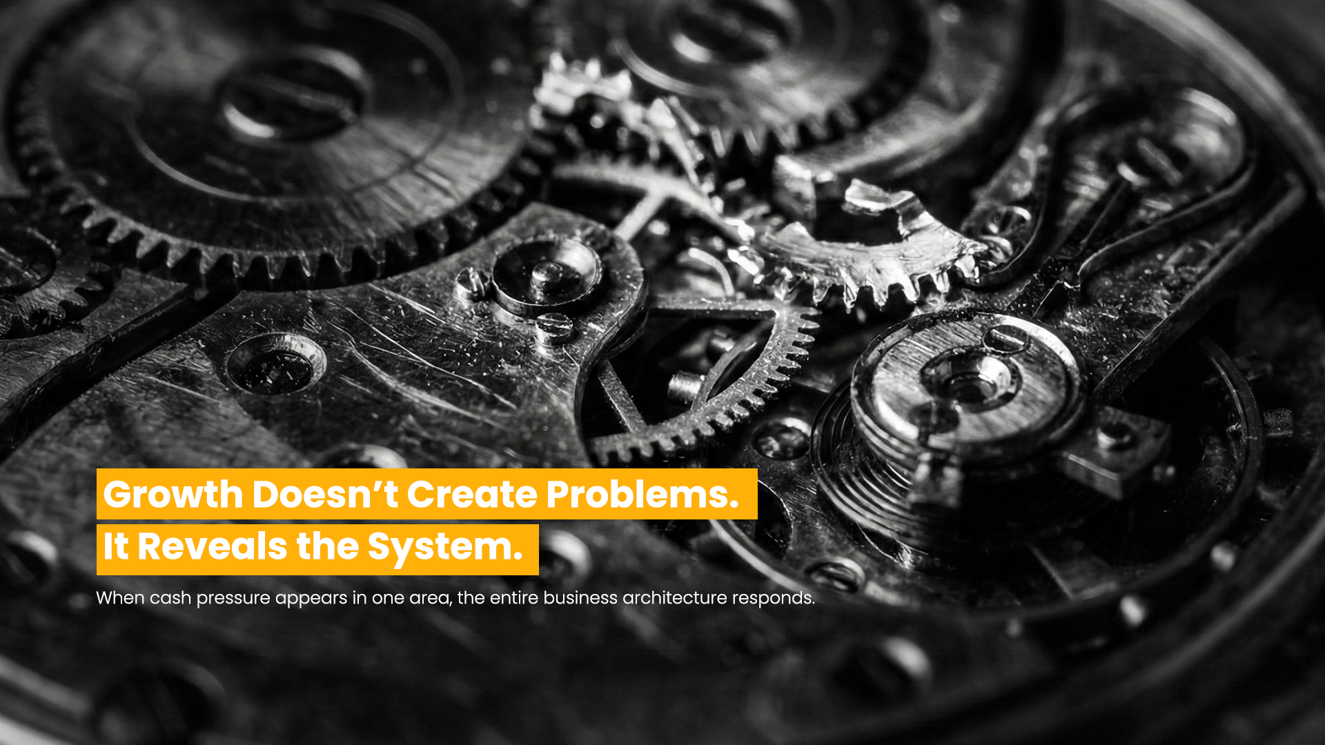 Macro photograph of worn mechanical gears illustrating how business growth exposes pre-existing structural fragility across cash flow, operations, and decision-making in professional service firms.