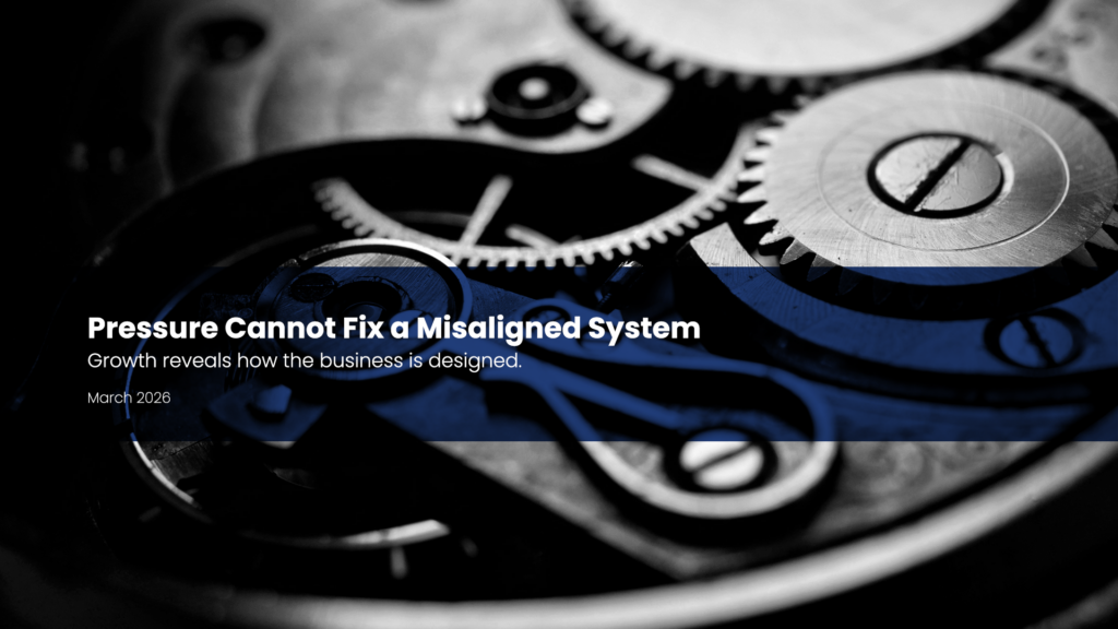 Close-up of interlocking mechanical gears representing how structural misalignment inside a business ecosystem spreads pressure across financial, operational, and leadership systems when revenue grows.