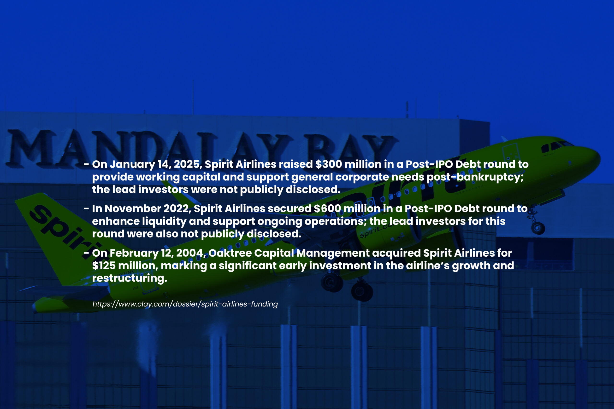 Spirit Airlines airplane taking off, representing key investment rounds and financial backing from major investors like Oaktree Capital that fueled its growth and restructuring efforts.